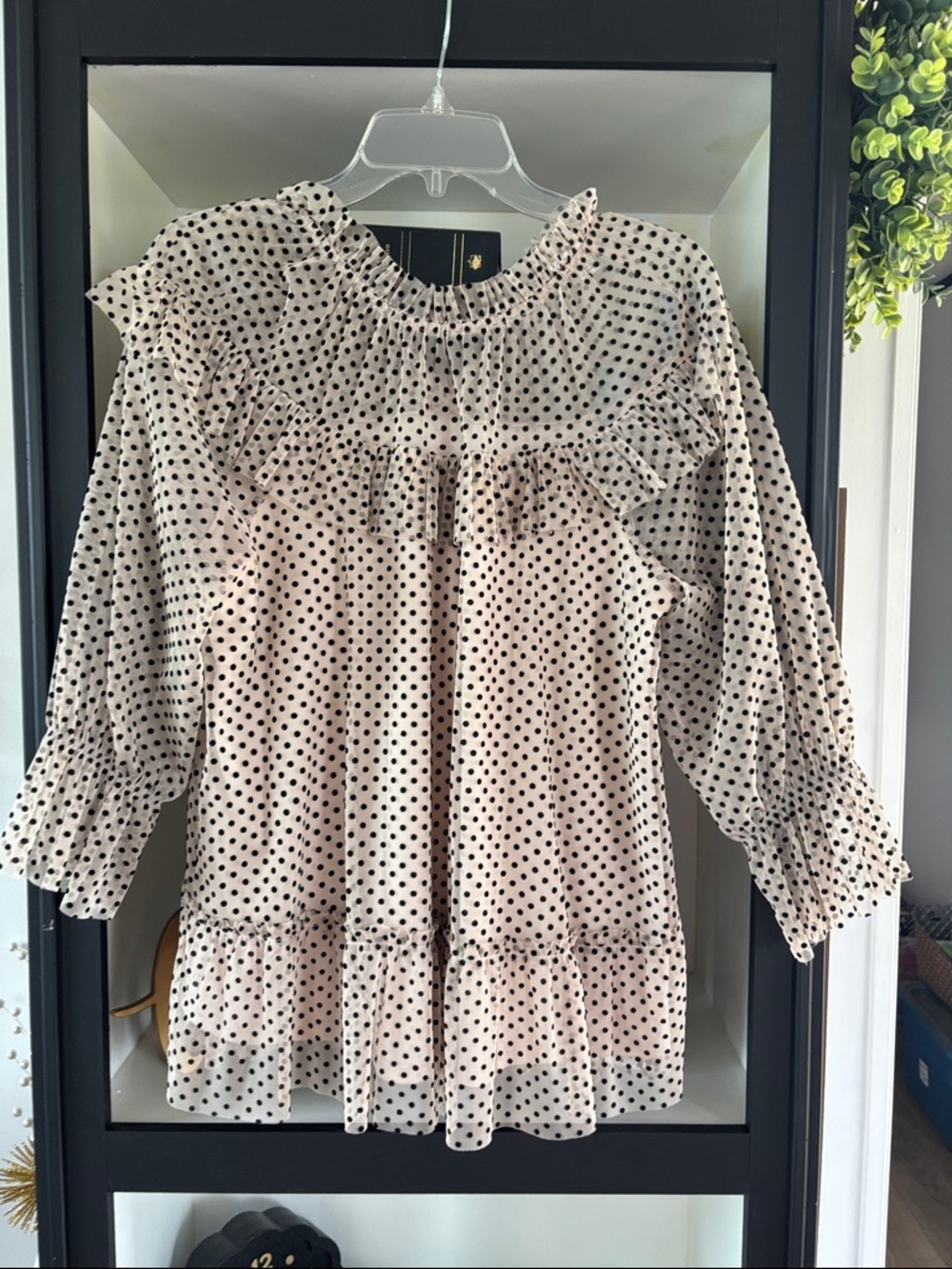 Cato Cream Blouse with Black Polka Dots and Ruffle Yoke